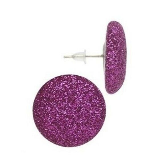 Fuchsia Pink Mod Retro 80s Sparkly Disco Fabric Button Earrings - Picture 1 of 2